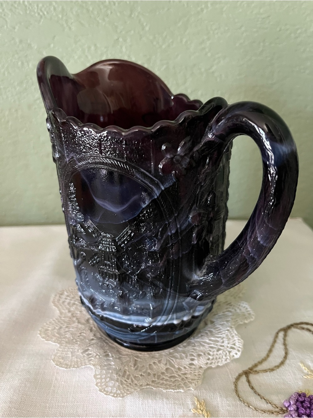 Vintage Imperial Glass Purple Slag Windmill Milk Pitcher 6.5”